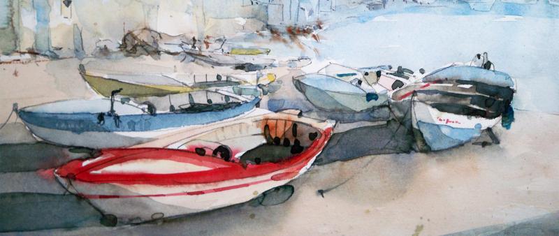 Wasser, Hafen und Boote in Aquarell