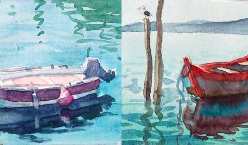 Wasserspiegelung in Aquarell - Boote und ihre Reflexionen